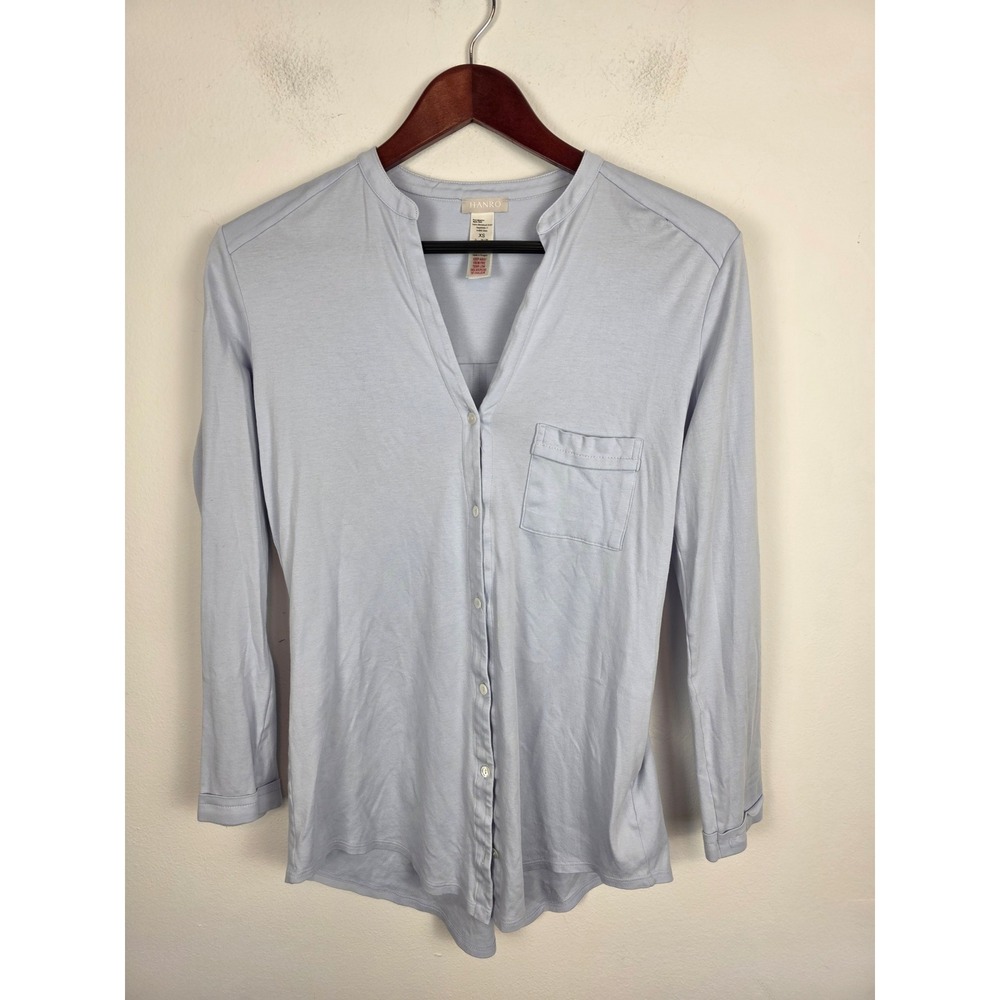 Hanro Pure Essence 7949 Light Blue Mercerized Cotton Button Down Top Womens XS‎